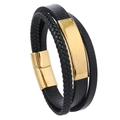 Bracciale da uomo in pelle a tre strati con piastra curva dorata e chiusura magnetica - Oro