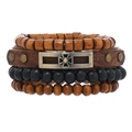 Retro multi-layer men's bracelet set with wooden beads and bronze cross charm - Cross Style (2)