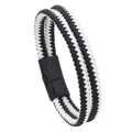 Close-up of double-layer black and white braided leather bracelet with black magnetic clasp - Black and White (Black Clasp)