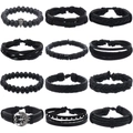 12er-Set schwarze Lederarmbänder mit Lebensbaum- und Kreuzanhängern für Herren und Damen - 12-Teilige Kollektion (RH417)