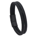 Vintage double-layer black braided leather bracelet with a sleek magnetic buckle clasp - Black (Black Clasp)