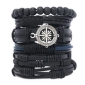 Compass nautical multi-layer leather bracelet set with wooden beads and woven straps - Black