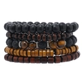 Vijfdelige herenarmbandset met natuurlijke tijgeroog, lavasteen en houten kralen - Meerkleurig