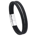 Detail of double-strand black braided leather bracelet with silver magnetic metal clasp - Black (Silver Clasp)