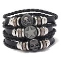 Men's multi-layer leather bracelet with skull coins and punk style star charms - Black