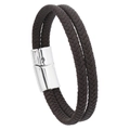 Detail of dark brown double-layer braided leather bracelet with silver magnetic buckle - Coffee (Silver Clasp)