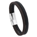Detail of double-layer woven leather bracelet with silver magnetic cylinder clasp - Black and Coffee (Silver Clasp)