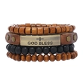 Men's retro layered wooden bead bracelets and leather band with God Bless cross charm - God Bless Cross Style (3)