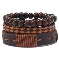 Set di 3 bracciali da uomo retrò con pelle intrecciata, perline di legno e cordini vintage - Marrone
