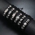 Bracciale multistrato in pelle nera da uomo con ciondoli geometrici in lega stile retrò - Combinazione Multistrato Geometrica Nera