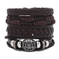 Men's multilayer braided leather bracelet set with vintage sunburst metal pendant - Brown