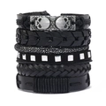 Herren Punk Lederarmband Set mit Totenkopf-Charms und geflochtenen schwarzen Schichten - Schwarze Totenkopf Mehrschicht Kollektion / Schwarz