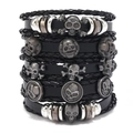 Set di 5 bracciali punk da uomo in pelle intrecciata con teschio e borchie neri - Nero