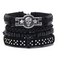 Heren punk meerlaagse armband set met schedel en ster bedels van leer en zwarte kralen - Zwart