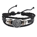 Detail view of multi-layer braided leather bracelet with vintage metal sun charm and beads - Small Flower / Black