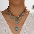 Boheemse meerlagige ketting met turquoise hart en maan hangers in zilveren afwerking - 03 Hart Maan Halsketting Set