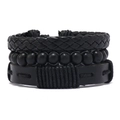 Set di tre bracciali vintage da uomo in pelle nera intrecciata con perline in legno - Nero