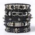 Set de bracelets multicouches punk pour homme avec crâne et symbole infini - Noir