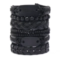 Retro schwarzes Lederarmband-Set für Herren mit Metallplatten und Perlenanhängern - Schwarz