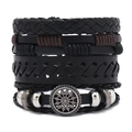 Men's multi-layer braided leather bracelet set with punk style charms and vintage beads - Black
