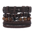 Men's multilayer leather bracelet set with wooden beads and a black cross pendant - Brown