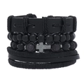 Men's multi-layer black leather bracelet set featuring cross charm and stone beads - Black