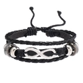 Detail of black multi-layer leather bracelet with infinity symbol and metal beads - Infinity Style / Black