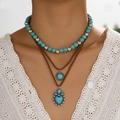 Retro turquoise kralenketting set met hartvormige hanger in boho gelaagde stijl - 04 Hart Rond Halsketting Set