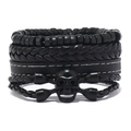 4-teiliges Herren Punk Lederarmband-Set mit Totenkopf und schwarzen Holzperlen - Schwarz
