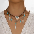 Boheemse meerlaagse ketting met turquoise kralen, zilveren vederhanger en strikdetail - 02 Vlinder Blad Halsketting Set