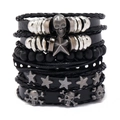 Mehrlagiges Herren-Lederarmband-Set mit Totenkopf- und Sternanhängern in Schwarz und Silber - Schwarz