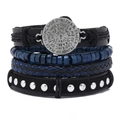 Handgemachtes 4-teiliges Lederarmband-Set für Herren mit religiöser Metallkreuz-Plakette - Schwarz
