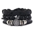 Men's multi-layer black leather bracelet set with matte beads and star pendant charms - Leather Bracelet Set / Black 01