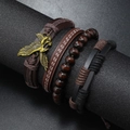 Men's 4-piece vintage layered bracelet set with leather, wood beads, and eagle charm - Brown Vintage Eagle Style (一套4件(棕色))