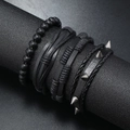 Men's retro punk leather bracelet set with wooden beads and silver metal rivets - Black Multi-layer Style