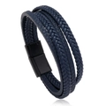 Bracelet multicouche en cuir tressé bleu marine pour homme avec fermoir magnétique - Cuir Bleu d'Encre Fermoir Noir 21.5cm