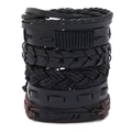 Punk 6-piece multilayer black braided leather bracelet set with feather metal charm - Black Multi-layer Style