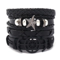 Set bracciale multistrato in pelle nera retrò con ciondoli a stella e timone - Set da 4 Pezzi (Nero)