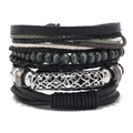 Men's multilayer leather bracelet set with wooden beads and silver metal tube detail - Leather Bracelet Set / Metal Tube Braided Style (Black 02)
