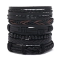 Gelaagde gevlochten leren armband set voor heren met zwarte kralen in vintage boho stijl - Zwart
