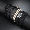 6-teiliges Herren-Set mit geflochtenen Lederarmbändern sowie Anker- und Herzanhängern - Retro Mix Stil (RH457)