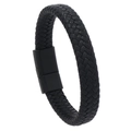 Men's black braided leather bracelet with matte black magnetic metal clasp - Black (Black Clasp)