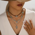 Drielagige bohemien halskettingset met turquoise en stierkop hangers - 15 Koeienschedel Bloem Halsketting Set
