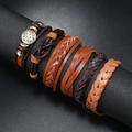 6-delige vintage leren armband set voor heren met gevlochten koorden en ster-metalen - Bruin