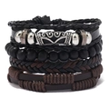Men's multilayer leather bracelet set with woven straps and vintage silver charms - Leather Bracelet Set / Retro Pattern Metal Style (Black 03)