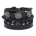 Men's retro multi-layer bracelet set with matte beads and skull charms in black leather - Leather Bracelet Set / Black 03