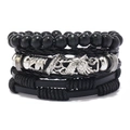 Detail of four-piece men's multilayer set with black beads and woven leather bracelets - Leather Bracelet Set / Falcon Totem Style (Black 04)