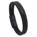 Double-layered braided leather bracelet for men with black and dark brown strands and magnetic clasp - Black and Coffee (Black Clasp)