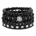Detail of men's layered black beads and leather bracelet set with silver lion head charm - Leather Bracelet Set / Black 04