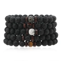 Set of 5 elastic bead bracelets with lava stone, tiger eye, and wooden spacers - Black